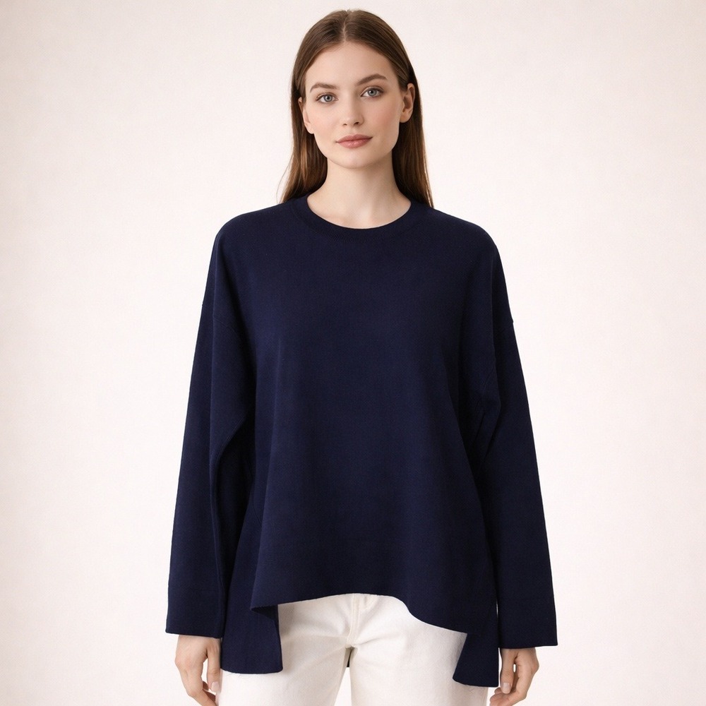 Eileen Fisher Petite Small Navy Blue Wool Blend Boxy High-Low Crew Neck Sweater
